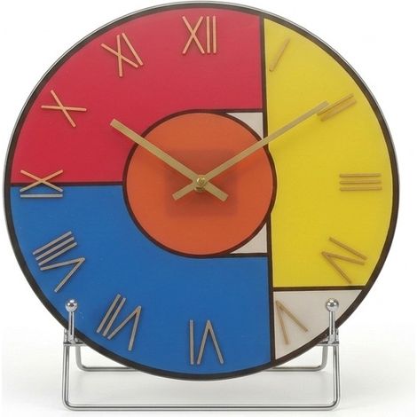 Horloge murale ronde moderne, ornement en verre, carrés géométriques colorés, horloge avec chiffres romains et chiffres. (1/4)