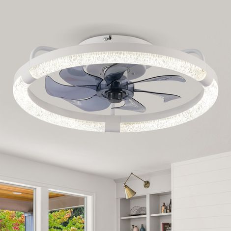 Plafonnier ventilateur cristal 50 cm, lumière LED dimmable, moteur silencieux, télécommande, décoration élégante pour salonBlancCercle diamant (1/5)