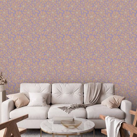 Papier peint - Charmantes fleurs beige clair - Petites fleurs aux pétales beiges ondulant au vent sur fond bleu/Fleurs beiges (1/4)