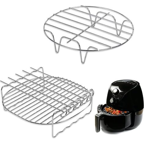 Juego de accesorios para freidora de aire (2 piezas): rejilla, soporte con 4 brochetas y placa de cocción de acero inoxidable de 17,7 cm. (1/5)