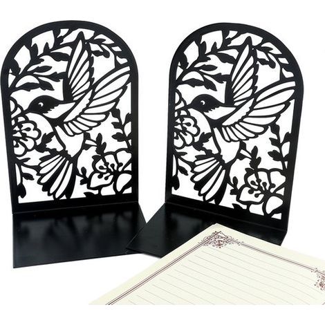 Ynkkvre - Serre-livres - Noir - Design robuste et élégant avec oiseau émaillé - Lot de 2 - Pour salon ou bureau (1/5)