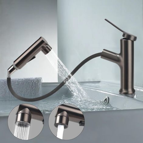 Robinet Salle de Bain avec Douchette Extractible Mitigeur Lavabo a 3 Modalità Cartouche Monocommande Miscelatore Eau Chaude et Froide en Céramique Blanc/Gris/Argenté/Noir (Gris foncé) (1/5)