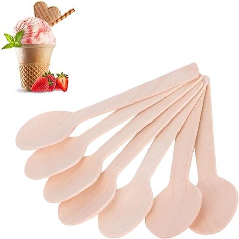 Lot de 100 couverts jetables en bois, ustensiles en bois naturel, biodégradables pour l'extérieur et les fêtes (cuillères - 100 pièces) (1/5)