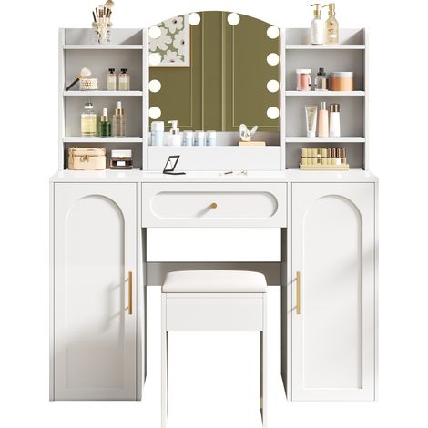 Grande coiffeuse avec miroir LED réglable et tabouret, 1 tiroir et 2 portes, style moderne, blanc, 110×40×132 cm