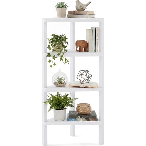COSTWAY Supporto Scaffale ad Angolo,Libreria ad Angolo a 4 Ripiani,Scaffali a Doghe Aperte,Bianco (1/5)