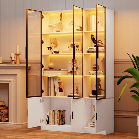 Vitrine blanc, vitrine sur pied à 6 portes, vitrine en verre avec éclairage LED, 120x32x200 cm (1/5)