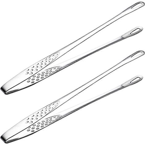 Lot de 2 pinces à barbecue en acier inoxydable 304, pinces à pain, pinces à barbecue (argenté)-24X1.2CM-Silver (1/4)