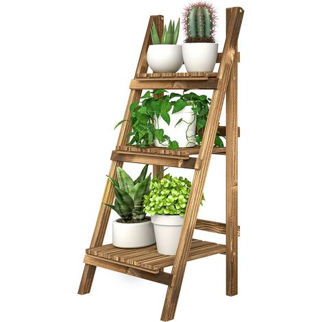 Support plantes 3 niveaux pliant 93 cm étagère bois pour pots fleurs avec plateaux brun foncé