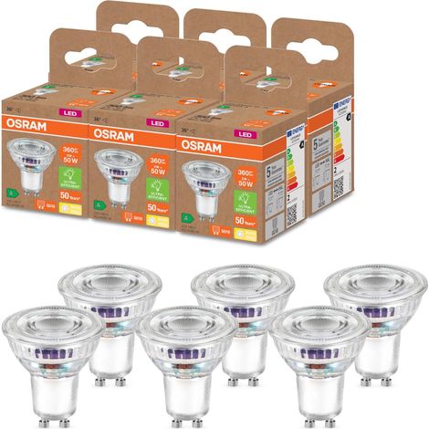 OSRAM Lampada riflettore PAR16 efficienza energetica Classe B, base GU10, sostituzione 50W, potenza nominale 2W, 2700K, bianco caldo, vetro trasparente, conf. da 6