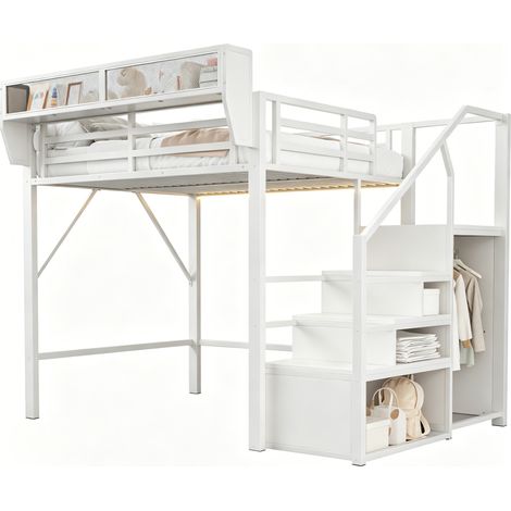 Letto a soppalco 140x200 in metallo bianco con LED, scala di sicurezza e ripiano flessibile, ideale per piccoli spazi e camere moderne  CHICFURN (1/5)