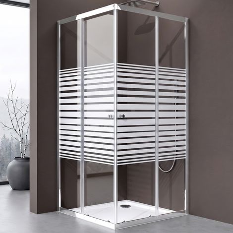 Doporro Duschkabine 75x75cm Eckeinstieg Schiebetür Duschabtrennung Milchglas Streifen Eckdusche 6mm ESG Glas Höhe 190cm Links/Rechts montierbar Rav16MS