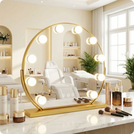 Espejo de maquillaje dorado estilo Hollywood de 60 cm con 10 colores de luz LED. (1/5)