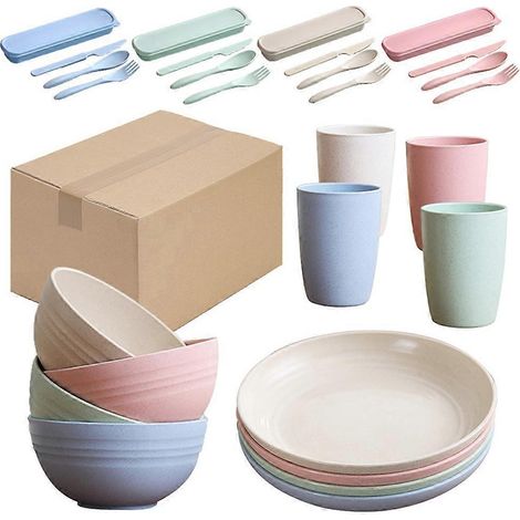 28-teiliges Whea Sraw Geschirrset, buntes Geschirr, Schüssel, Tasse, Messer, Gabel, Löffel