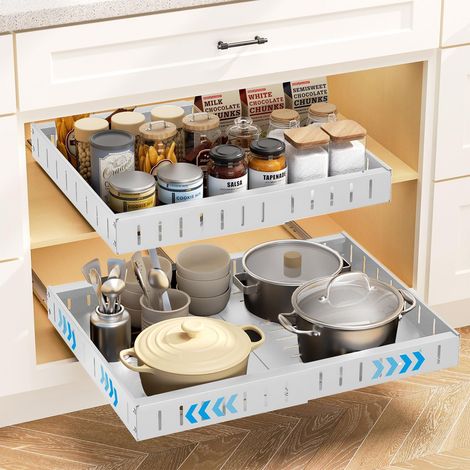 Tiroir télescopique extensible pour armoire en métal Slide Out Organiseur de cuisine Bandes adhésives Panier Blanc - (1/5)