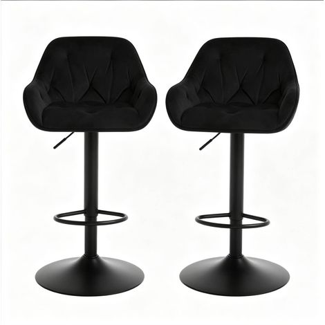 Lot de 2 chaises de bar pivotantes réglables en hauteur, velours noir avec dossier et accoudoirs, assise ergonomique, base métal stable - CHICFURN (1/5)