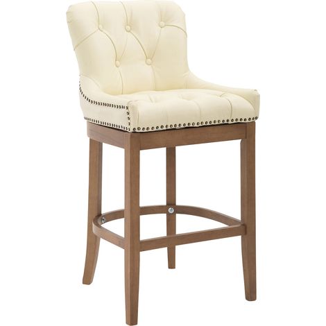 Tabouret de bar x1 confortable design rétro assise capitonné en cuir véritable crème pieds en bois clair 100001059 (1/5)