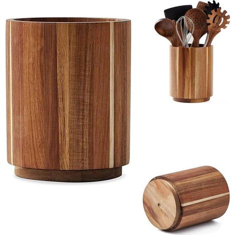 Rangement pour couverts - Marron - Porte-couverts cylindrique en bois d'acacia - Rotation à 360° - Grand porte-couverts de comptoir (1/5)