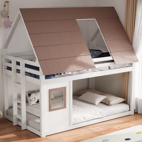 DESVIAE Lit superposé maison en bois 140 x 200 cm avec toit et echelle marron blanc (1/4)