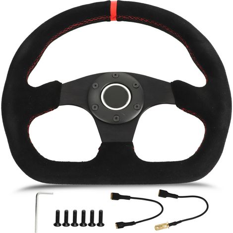 Volant Sport D-Shape 12.8 Pouces, Cuir Suédé avec Surpiqûres Rouges et Bouton Klaxon, Style Course pour Voiture (1/5)