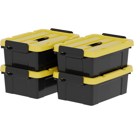 Lot de 4 boîtes de rangement en plastique avec couvercles, poignée et boucles de verrouillage pour outils, jardin, garage, maison, durable, robuste, empilable, gigogne, noir et jaune, 15 l (1/5)