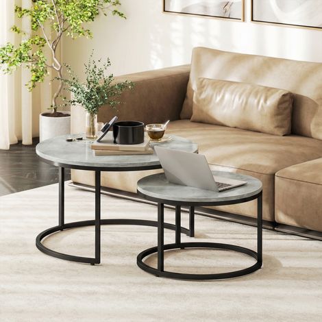 Lot de 2 tables basses rondes à effet marbre, bois et métal, gris marbré