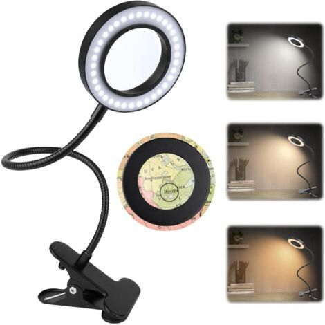 5-fache Clip-On-Lupe, 360° flexibel mit Licht, 3 Farben, 10 Helligkeitsstufen, für Büro, Studium, Lesen, Hobbys und Basteln [Energieklasse D] (1/5)