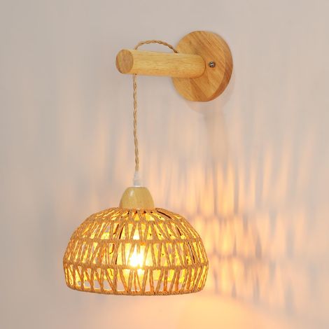 Applique Murale Bois Intérieur Vintage, E27 Lampes Murale Boho avec Abat-jour en Rotin, Bois Cage Applique Rotin Luminaire Murale E27 pour Salon Chambre Couloir Salle à Manger (Sans Ampoule) (1/5)