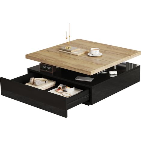 Table basse carrée multifonction pivotante à 360°, meuble de rangement central à 2 niveaux, finition brillante, couleur bois naturel + noir, panneau de particules (1/5)
