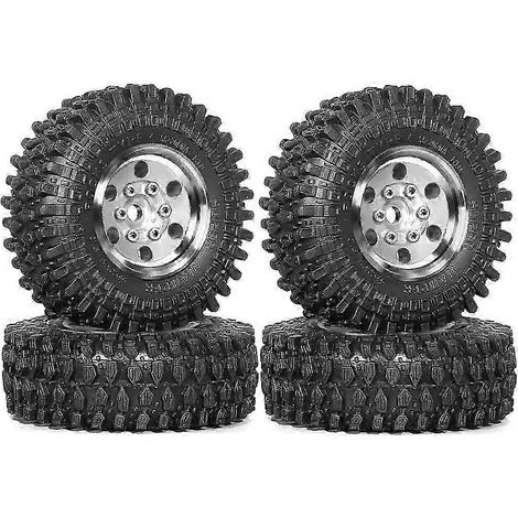 4 Stück 55 mm (1,0 Zoll) Metall-Beadlock-Felgen und -Reifen, kompatibel mit 1/18 und 1/24 RC Crawler-Cars, TRX4M und SCX24, Upgrade-Teile und Zubehör, Silber-JXLGV (1/5)