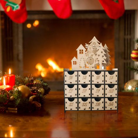 Adventskalender aus naturbraunem Holz, Weihnachtsbox mit Schubladen, Dekorationsset mit illustrierten Figuren und Accessoires, inklusive Aufbewahrungsbox. (1/4)