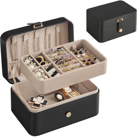 Joyero de viaje, pequeño estuche para accesorios, organizador de joyas de 2 niveles, bolsa de viaje portátil para accesorios grandes, 11 x 16 x 8 cm, negro