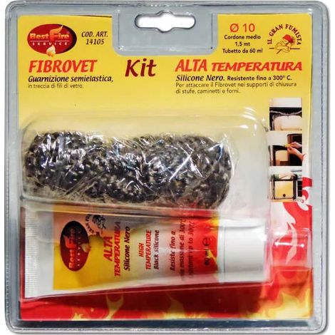 guarnizione in fibra di vetro best fire "kit fibrovet" con corda 1,5 mt, diametro 10 mm e tubetto silicone nero da 60 ml