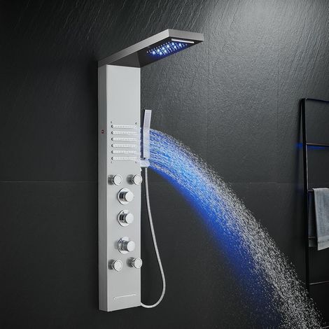 Colonne de Douche Thermostatique, Panneau de Douche à 6 Fonctions avec LED, Colonne de Douche Hydromassante avec Mitigeur et Buses Massants, Acier Inox 304 Brossé (1/5)