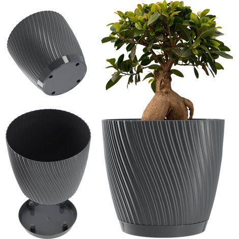 KADAX Blumentopf mit Untersetzer, aus Kunststoff, 15 cm, Anthrazit