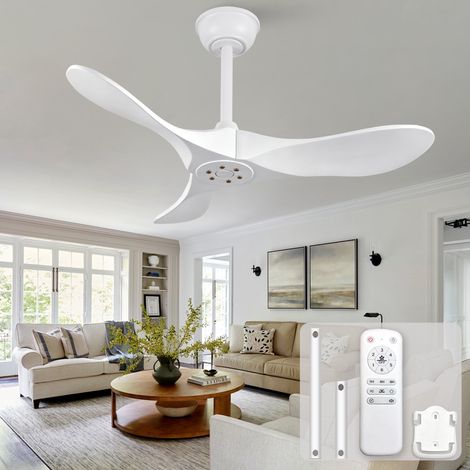 Ventilateur de plafond sans lumière, ventilateur de plafond silencieux pour chambre bureau, 3 pales en bois de paulownia 6 vitesses 90 cm, Blanc (1/5)