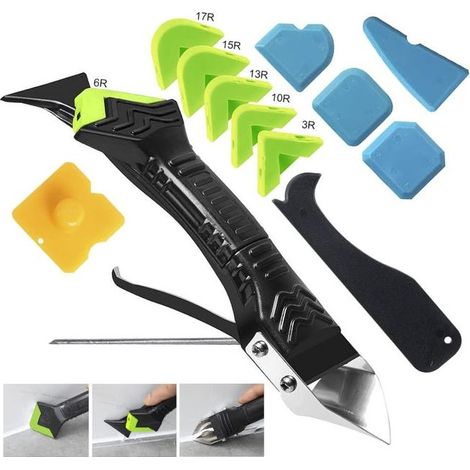 Kit de 13 outils de calfeutrage 5 en 1, outil de retrait de joints de calfeutrage en silicone, grattoir à résidus de colle, vert (1/5)