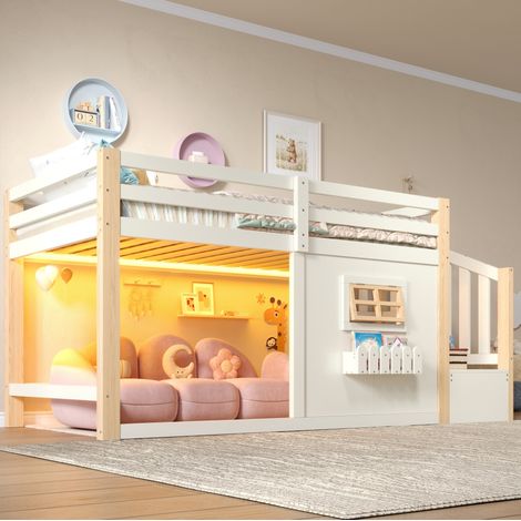 Letto alto 90x200 cm in legno/MDF bianco con scala contenitore, senza materasso – MEUBLIV (1/5)