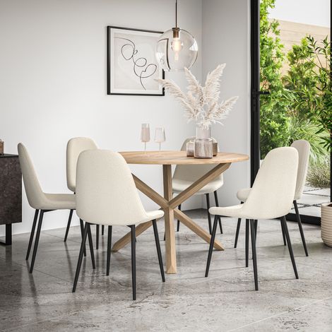 Malvern Round Dining Table And Chairs - Oak Table Top w Solid Oak Legs + Maya Boucle Dining Chair Set Of 6 (Ivory White) (1/5)