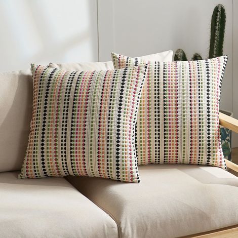 2 Housse de Coussin en Chenille à Rayures Style Boho, 45x45cm Multicolore, Housse Décorative pour Canapé Salon (Sans coussin) (1/5)