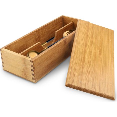 Boîte à couverts en bois avec couvercle, support pour ustensiles en argent, cuillère japonaise, baguettes, boîte de rangement pour comptoir de cuisine, table à manger 27 X 11 X 6.6cm (1/5)