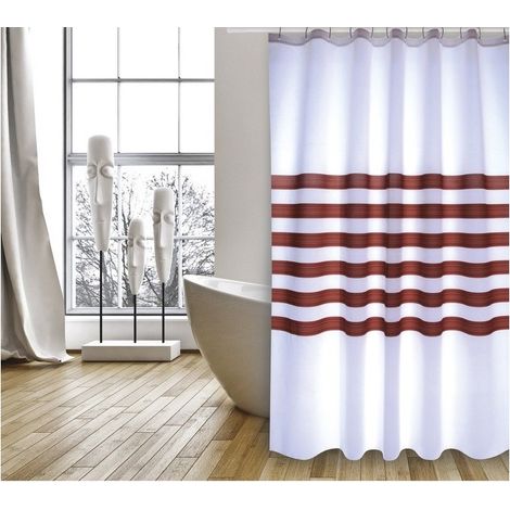 Rideau de douche Polyester RAYAS 180x200cm QUALITE PREMIUM Blanc & Marron - Anneaux inclus MSV (1/4)