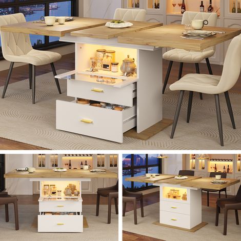 Table de salle à manger extensible avec éclairage LED et commande par application, 110-140 cm, avec espace de rangement, aspect bois MDF, pour cuisine et salle à manger (1/5)