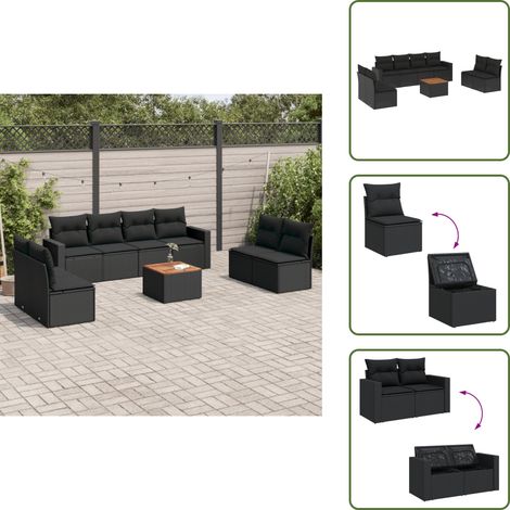The Living Store 9-tlg. Garten-Sofagarnitur mit Kissen Schwarz Poly Rattan - Gartenmöbel - Outdoor Möbel - Rattan Gartenset - PE-Rattan - Lounge Set (1/5)