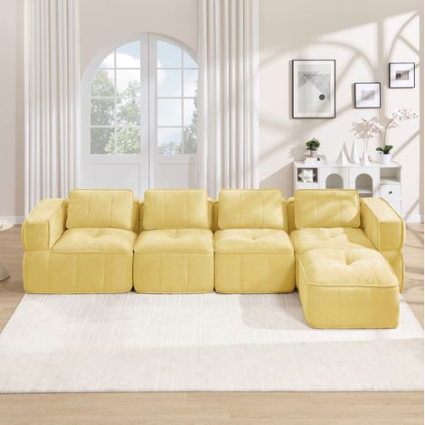 Canapé d’angle modulable 4 places 344/162 cm jaune en polyester avec pouf (1/5)