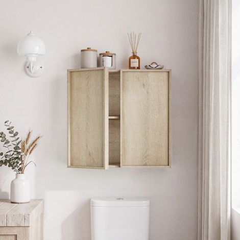 Meuble de rangement mural pour salle de bain – Double porte sans poignée – Rangement discret – Convient aux salles de bain et toilettes – 60 × 58 × 22 cm – Naturel (1/5)