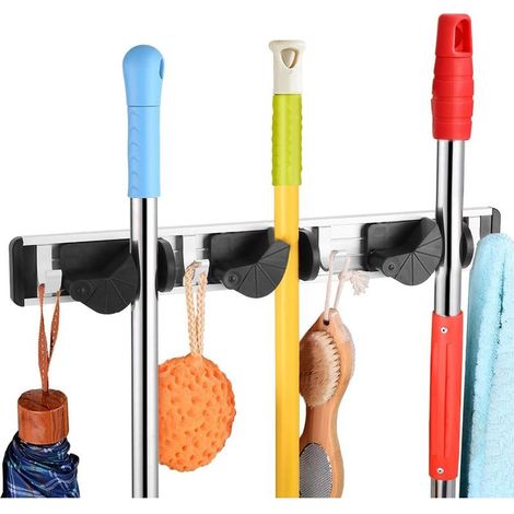Support De Rangement Mural, Multifonctions Porte-Mop,Porte-Balai Mural, Organisateur Mural Jardinage Cabanon Outil Rack Garage Storage(3 Position 4 Hooks) (1/5)