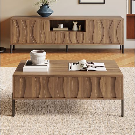 Couchtisch- und TV-Möbel-Set 160x35x46 cm + 105x55x41 cm Natur MDF mit Wellenmuster und Stauraum (1/5)