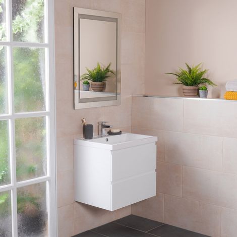 White 600mm Wall Hung 2 Drawer Vanity Basin Unit with Free Mirror (1/5)