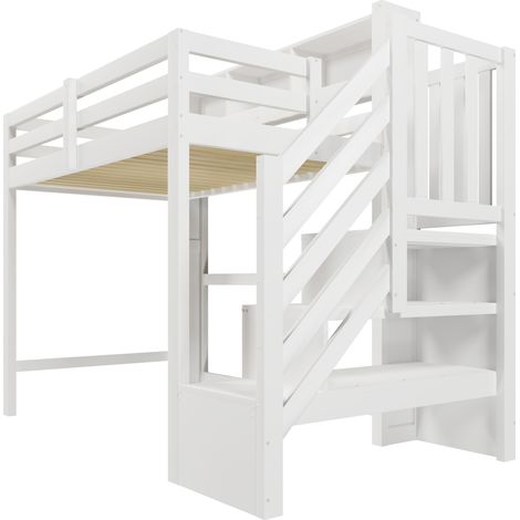 Letto a soppalco per bambini 90x200 cm bianco con LED, scala contenitore (1/5)
