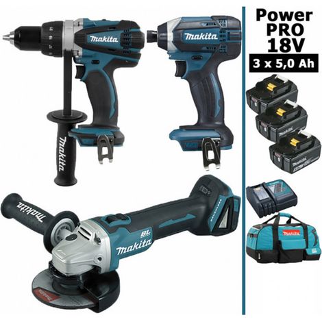 Makita – Pack d'outils électroportatifs 18V – Perceuse 91Nm DDF458 – Meuleuse 125mm DGA504 – Visseuse à chocs 165Nm DTD152 – 3 batteries 5Ah
